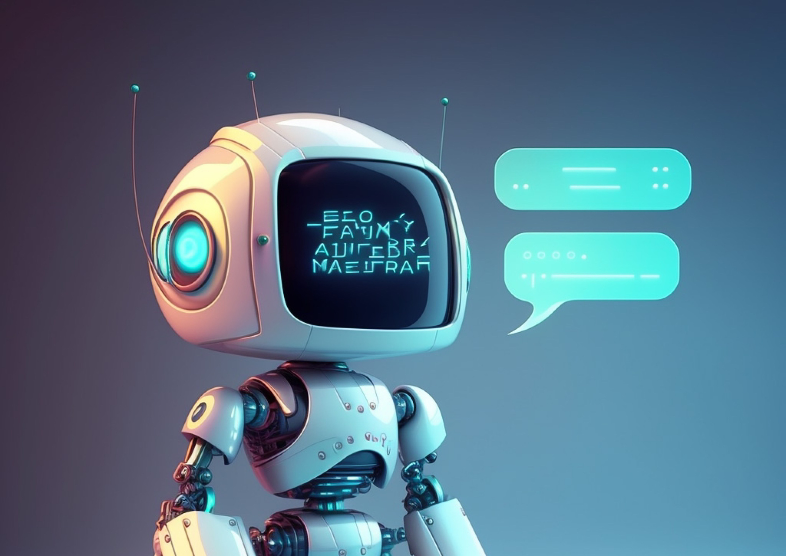Talking cute robot with artificial intelligence. Concept of chatbot.