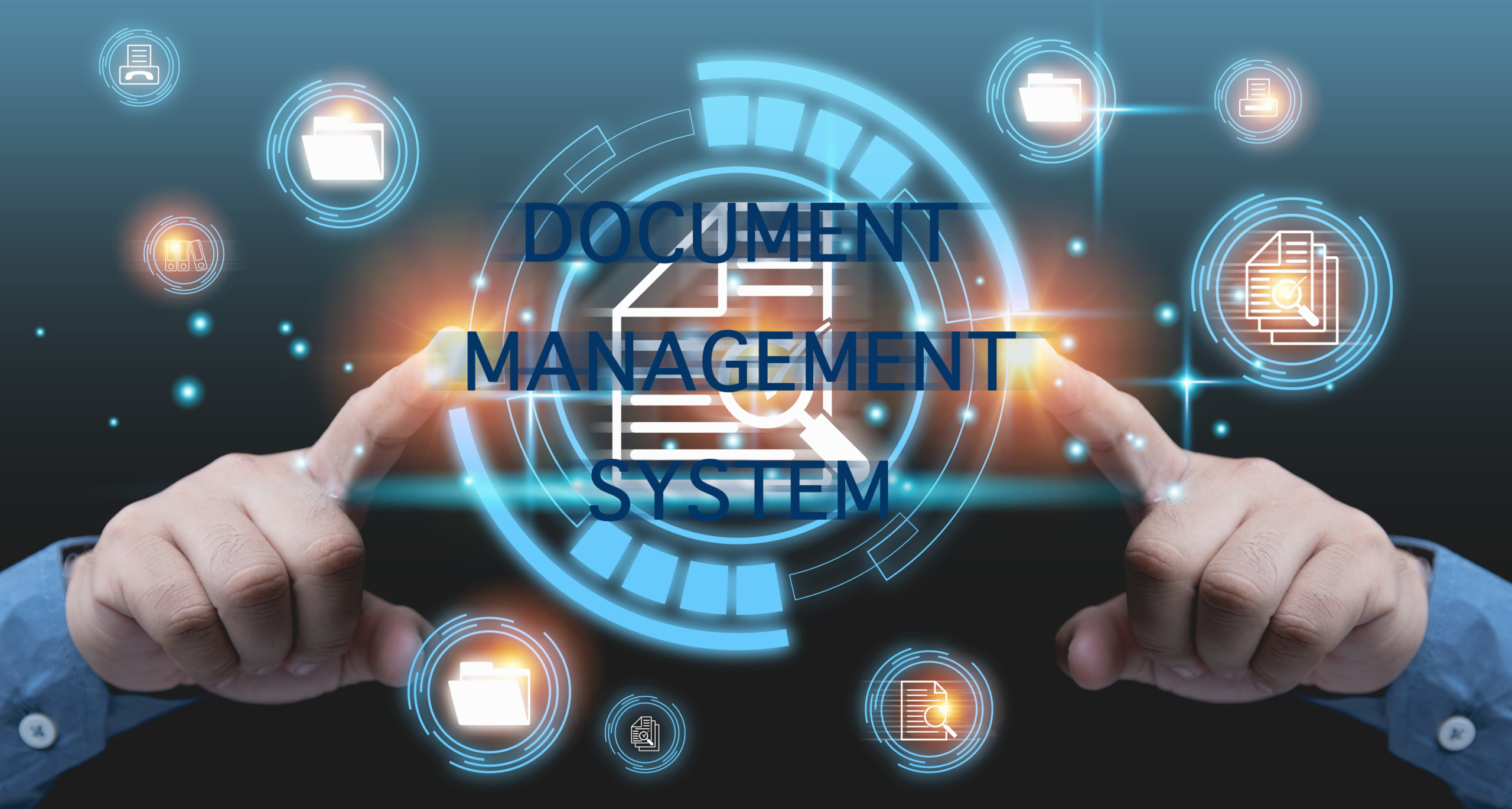 Business, Technology, Internet, and network document management system concept. The virtual online database manages files. Hands man touching on document icon corporate data management system.