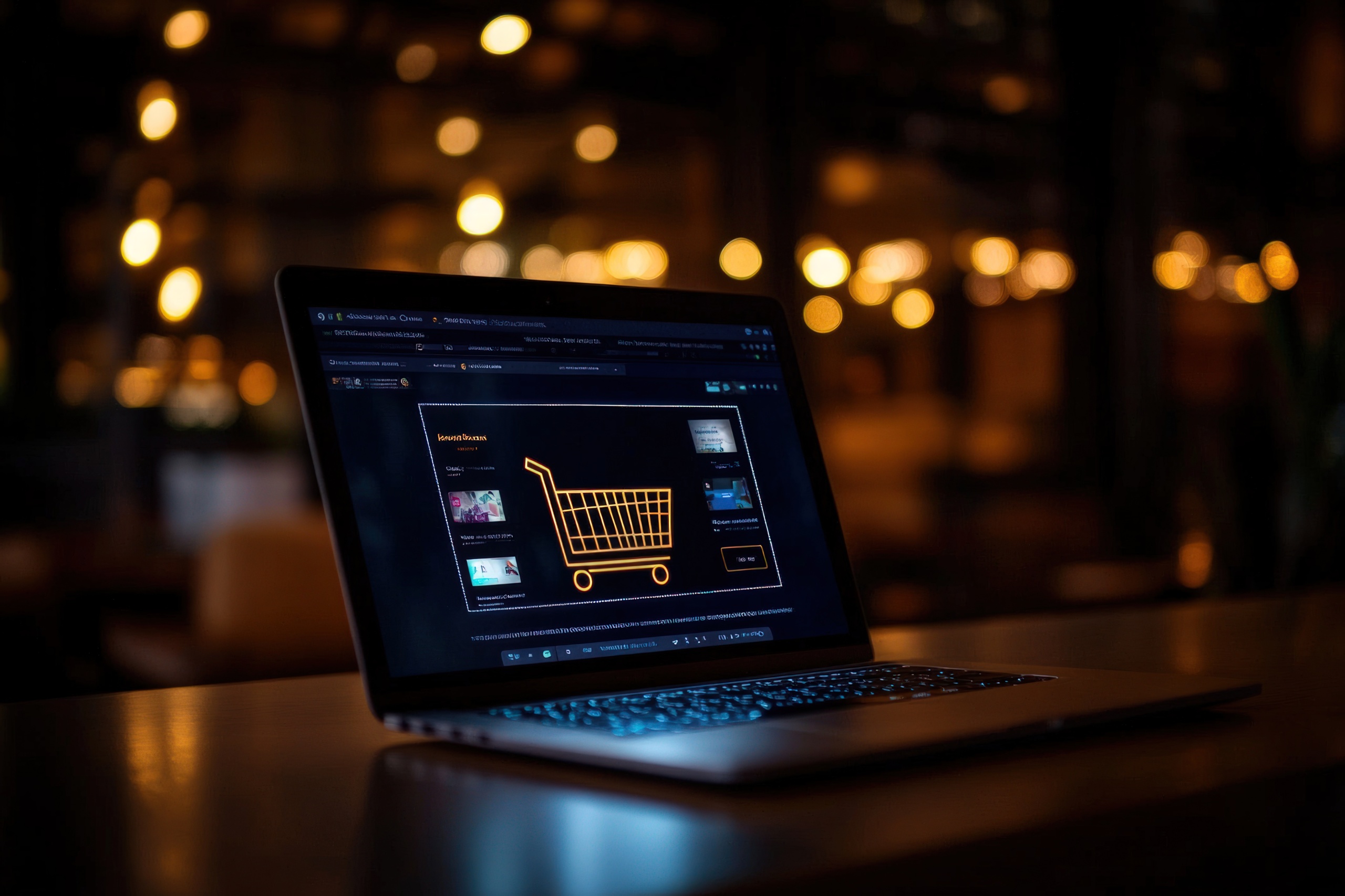 Nighttime online shopping laptop cafe bokeh
