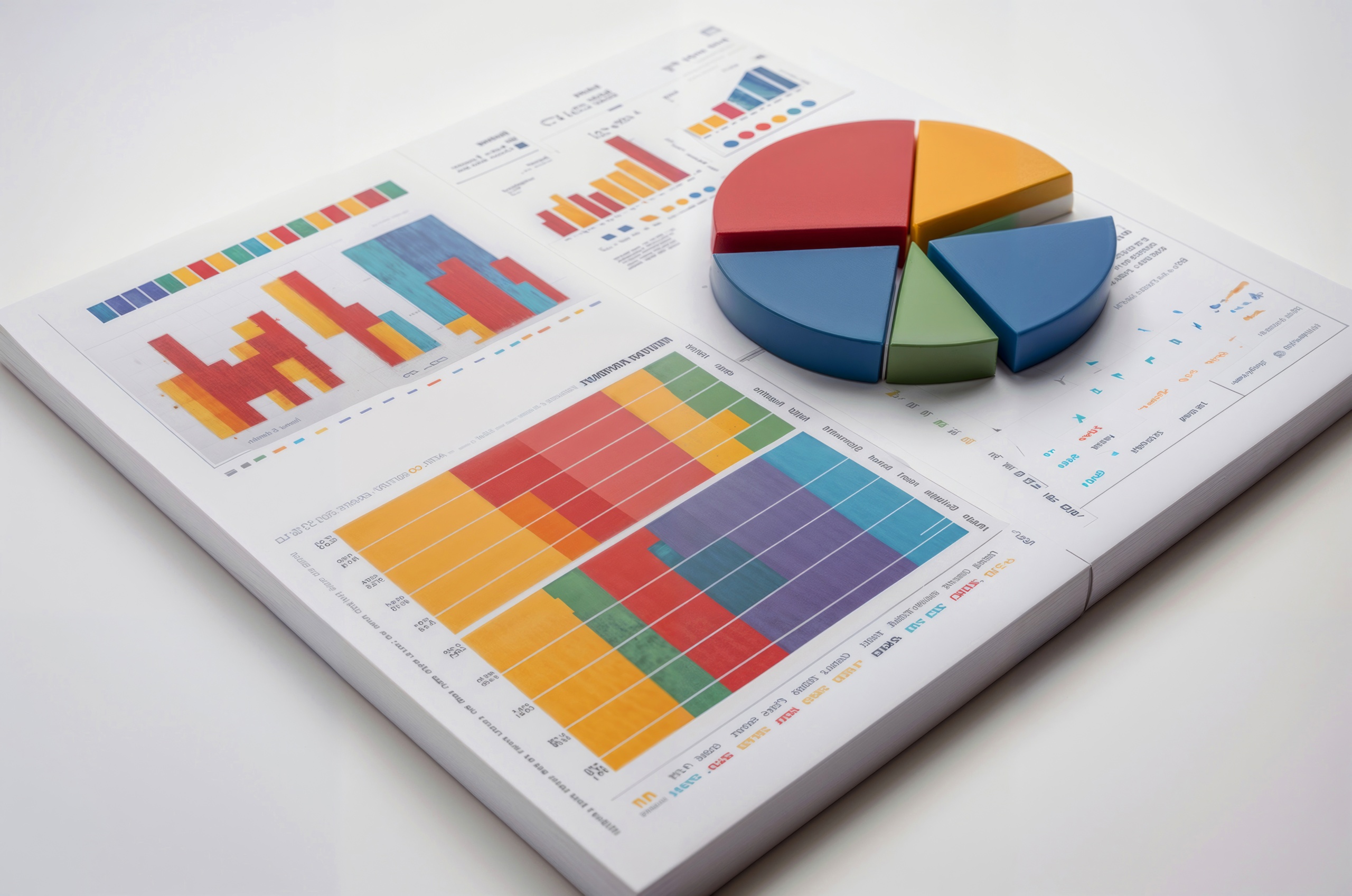 A colorful pie chart is on top of a white background. The pie chart is divided into different colored sections, each representing a different category