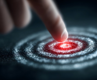 A light point ignites a central target, creating concentric rings. This symbolizes precision and achieving a future goal.