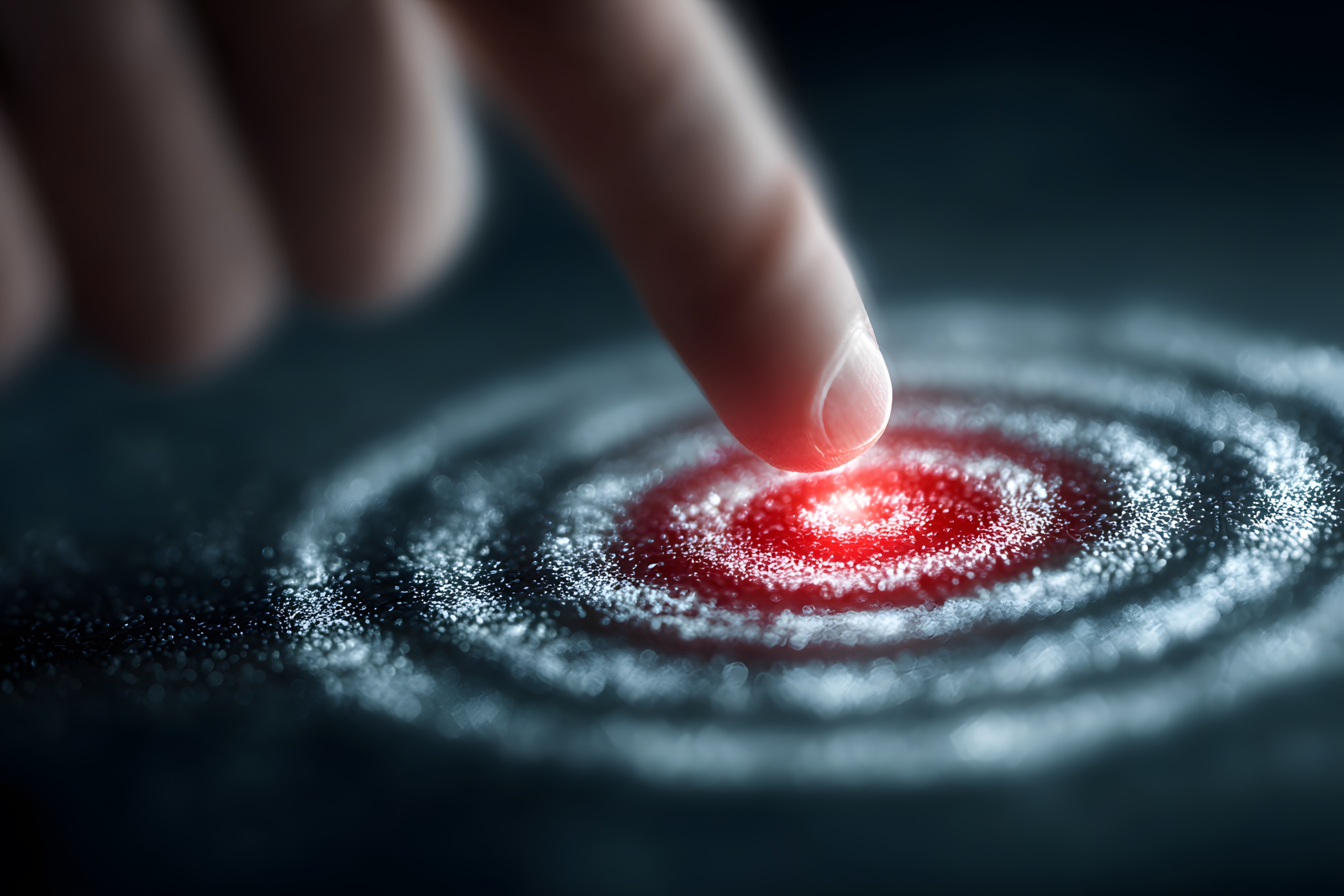 A light point ignites a central target, creating concentric rings. This symbolizes precision and achieving a future goal.