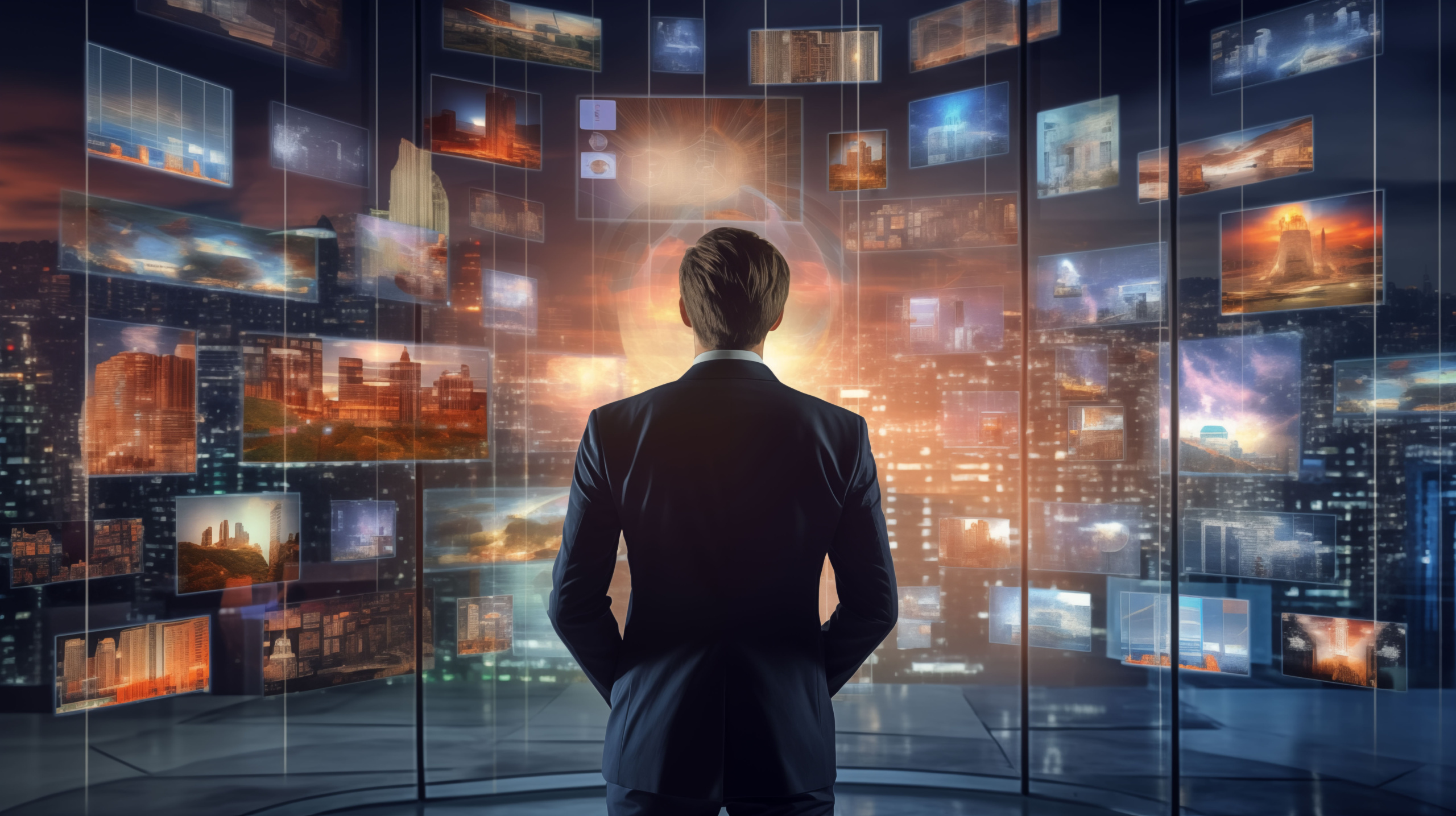 Businessman in 3D Cyberspace World, Browses Content Websites, Wa