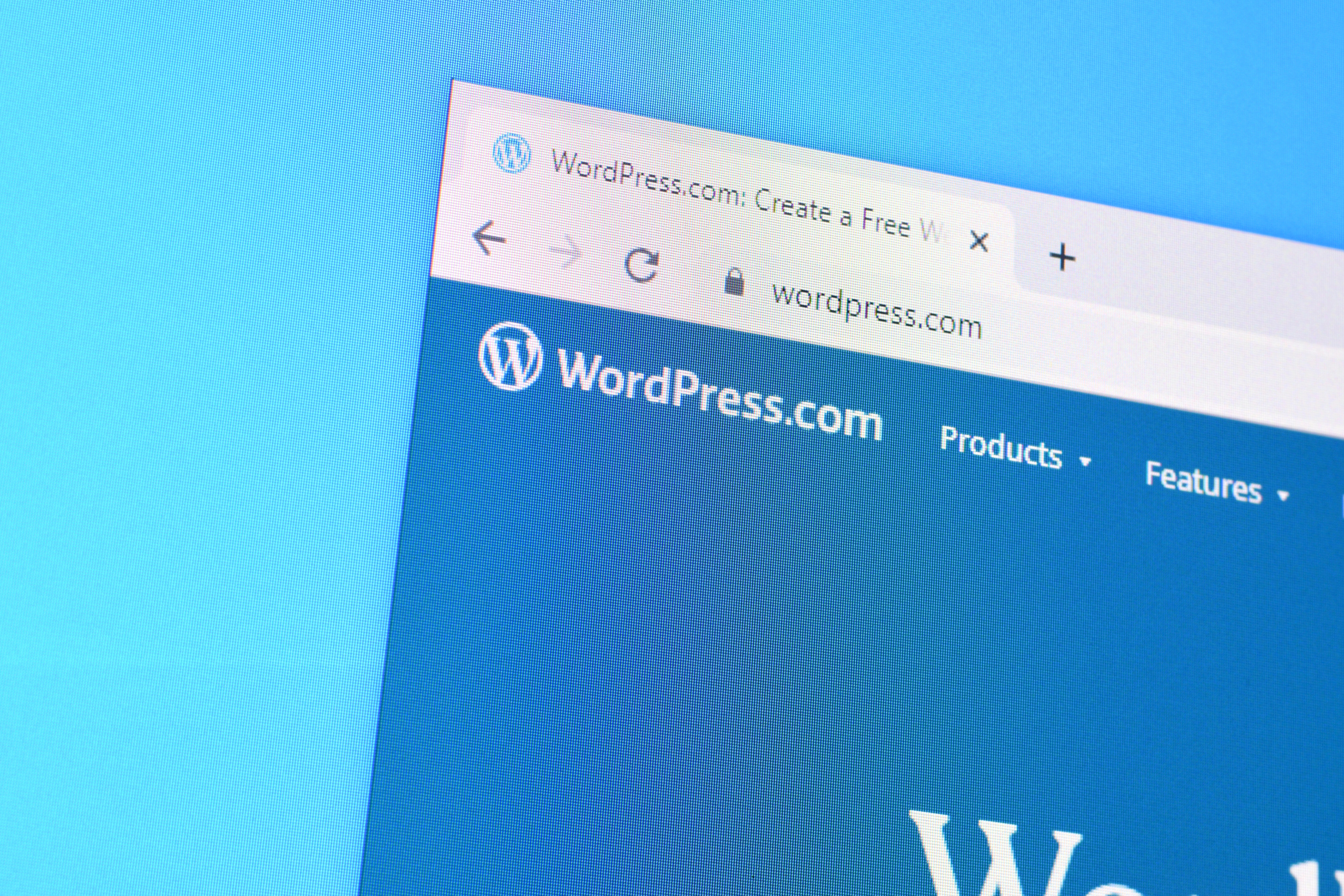 Homepage of wordpress website on the display of PC, url - wordpress.com.