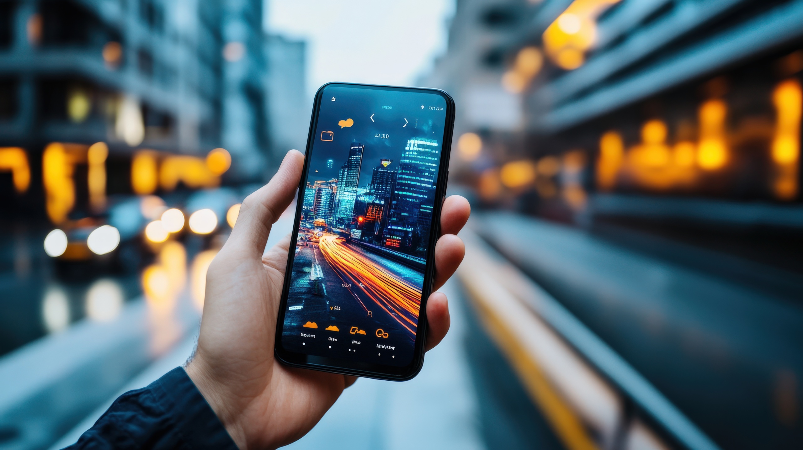 A person is holding a cell phone with a city view on the screen
